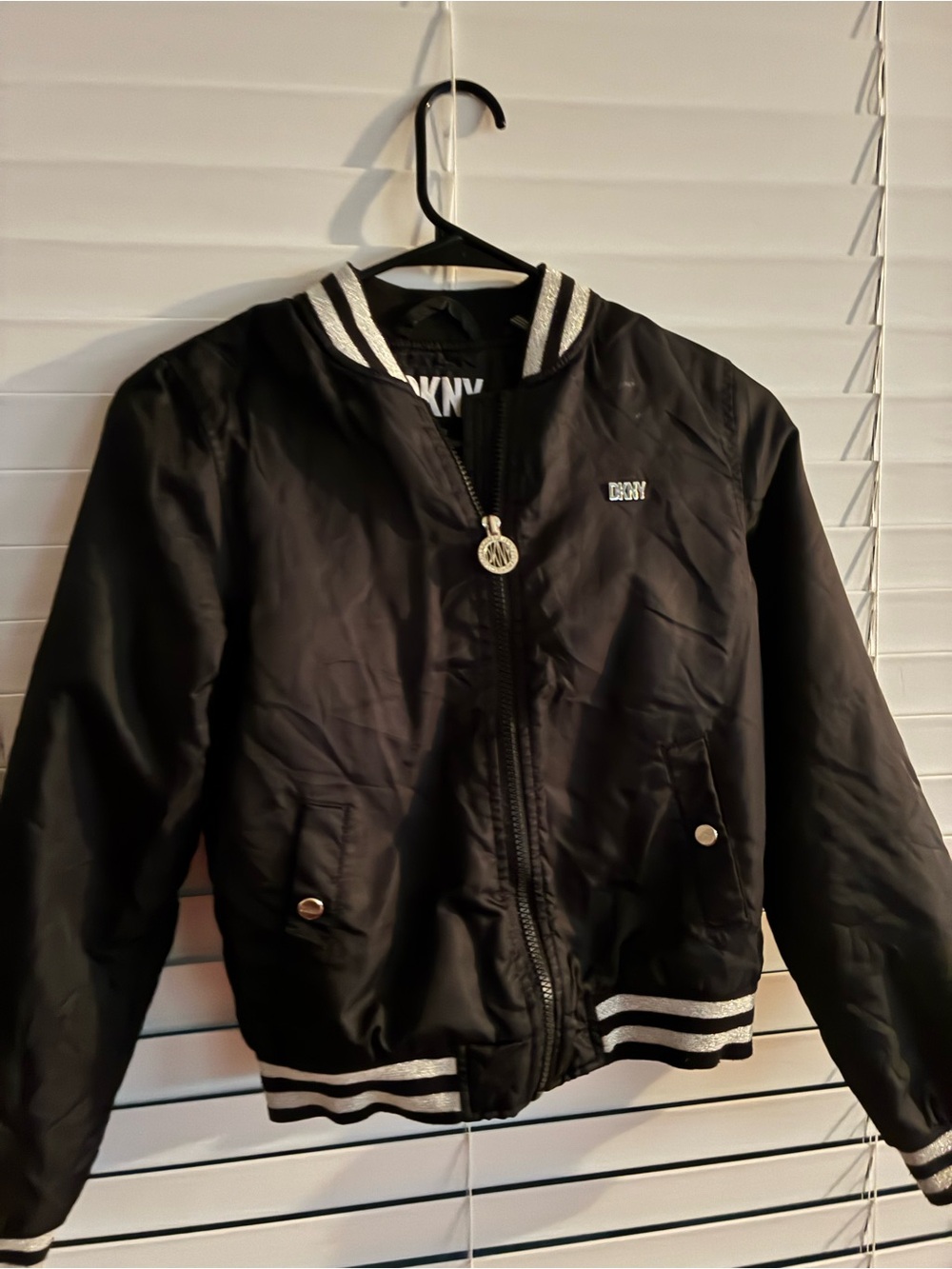 DKNY Black Bomber Jacket with White Stripe Trim